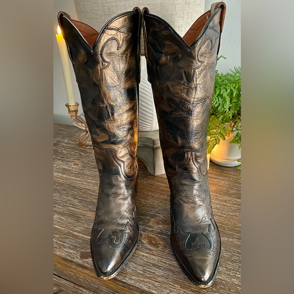 Vintage Dan Post Womens 8.5M Leather Cowboy Boots Snip Toe Metallic Bronze Brown - Picture 2 of 9